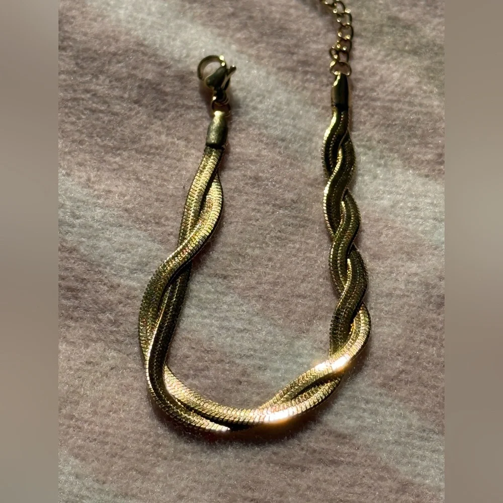 Braided New Herringbone Necklace Bracelet
 Gold 18K plated Set Stainless Steel - Picture 15 of 15